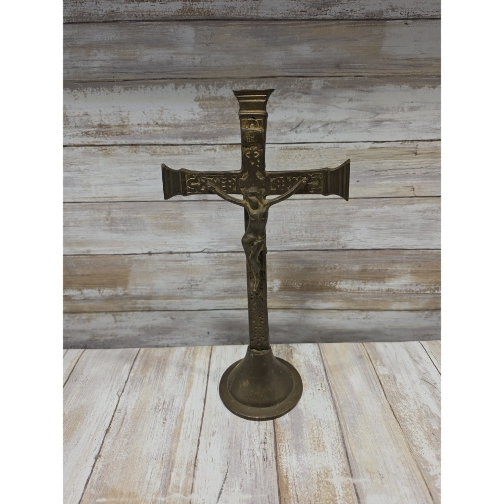 Vintage SMC Brass Standing Crucifix Religious Altar Cross Made in Korea 10.5"